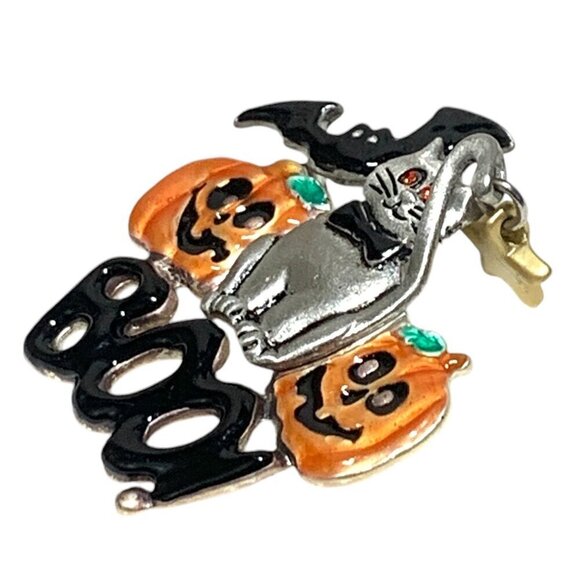 Vintage Halloween Cat Brooch With Jack O' Lanterns & Bat Silver Orange Black  2" - Picture 2 of 5